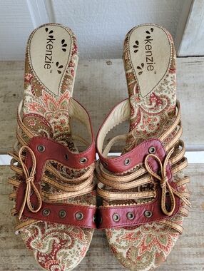 Kenzie Red and Metallic Gold Paisley Strappy Mule Sandals